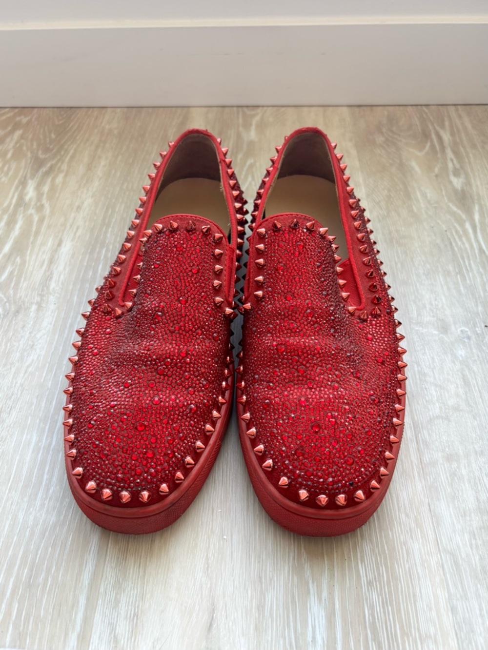 Men’s Christian Louboutin Pik Boat Red Spike Studded Slip-On Sneakers